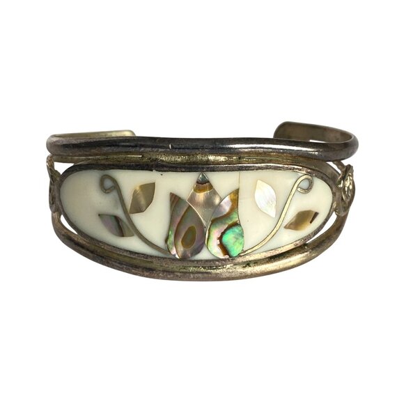 Vintage Alpaca Silver Cuff Bracelet Mother Of Pearl Abalone Inlay Floral Mexico - Picture 1 of 7